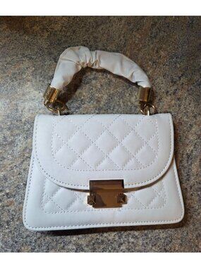 Quilted White Mini Handbag With Gold-Tone Hardware & Scrunch Handle